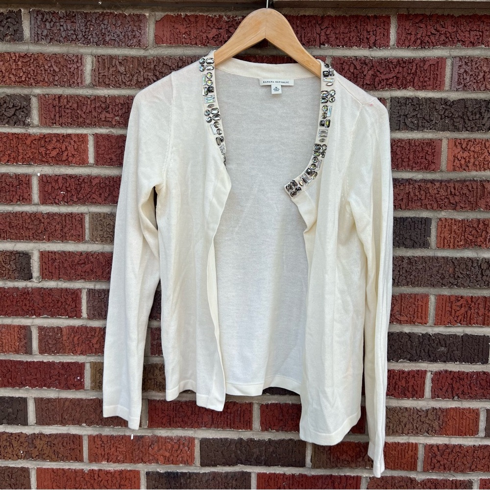 Banana Republic Cream and Gray Rhinestone Collared Button Down Cardigan